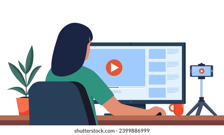 Woman professional video maker sitting at desk and editing video with video editing software. Making visual content for social media. Multimedia and film production concept. Vector illustration