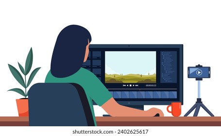 Woman professional video maker sitting at desk and editing video with video editing software. Making visual content for social media. Multimedia and film production concept. Vector illustration