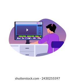 Woman professional video maker sitting at desk and editing video with editing software. Making visual content for social media. Multimedia and film production. Cartoon vector motion designer