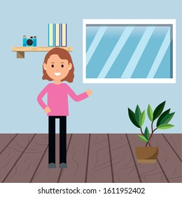 woman professional work room window shelf camera books and plant vector illustration