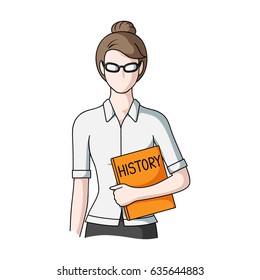 A woman is a professional worker. A woman in glasses. A woman in her hand holds a book.Professions single icon in cartoon style vector symbol stock illustration web.
