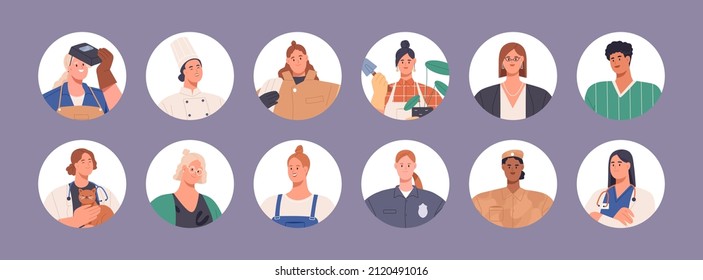 Las mujeres profesionales avatares se ponen. Diferentes trabajadoras se enfrentan a retratos en círculos. Mujeres de diversas profesiones, ocupaciones, negocios. Ilustración vectorial plana aislada en fondo blanco