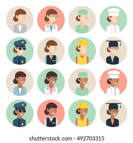 Woman professions avatar flat vector icon set