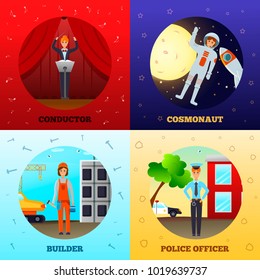 Woman professions design concept with conductor on stage, cosmonaut in space, builder, police officer isolated vector illustration 