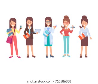 Woman professions - Designer, Student, Business woman, Doctor, Secretary. Vector characters isolated on white background.