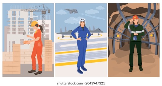 Woman professions flat cards set of three vertical compositions with female builder pilot and miner characters vector illustration