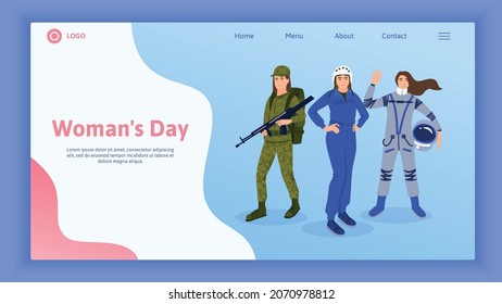 Woman professions flat web site landing page with female characters in uniform and editable text links vector illustration