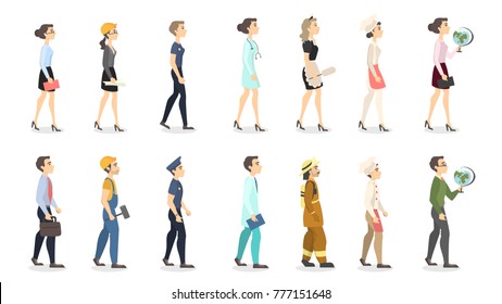 Woman professions set. Teacher and police officer, businesswoman and scientist.