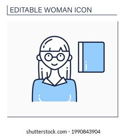 Woman professor line icon. Female in glasses teaching student. Successful strong woman concept. Isolated vector illustration.Editable stroke