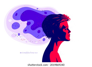 Woman profile with abstract fluid shapes in motion from his head vector illustration, mindfulness philosophical and psychological theme, meditation and awareness.
