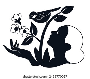 Woman Profile with Bird and Flowers