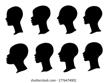 Woman Profile Black Silhouette With Bald Head. Set Of Vector Female Faces Isolated On White