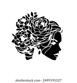 Woman Profile Black Silhouette on White. Female Art Print Abstract Illustration. Woman Face with Flowers Modern Print. Minimalist Female Art Design. Vector EPS 10.