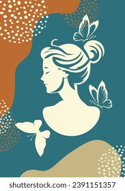 Woman Profile, with Butterflies, Girl's head with butterflies. hand drawing. Not AI. Vintage poster with head of Greek goddess. Vector illustration