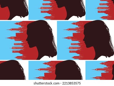 Woman profile and city buildings, vector seamless pattertn