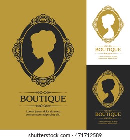 Perfil de mujer en la plantilla clásica de logotipo vector de estilo victoriano. Florece el elegante diseño ornamental caligráfico logo, marca boutique. Para invitación, tarjeta de felicitación