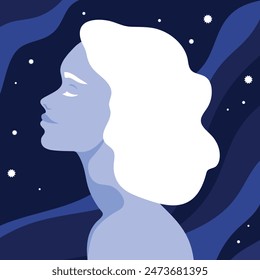 Woman profile with closed eyes on night sky background. Portrait or avatar of a young female side view. Calm and peaceful girl. Vector illustration