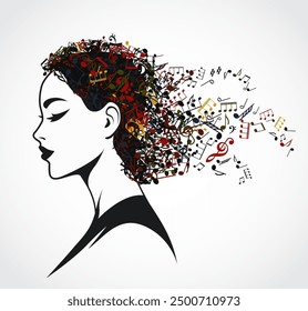 woman profile with color music note hair , music theme background