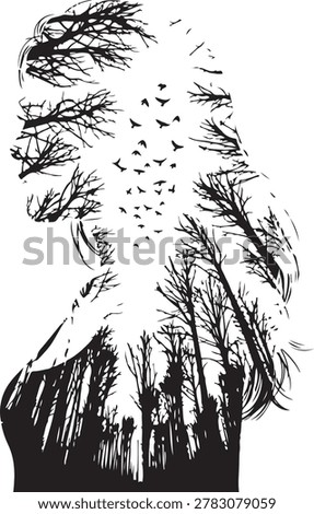Woman profile combining with black and white trees and birds creating double exposure