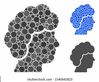 Woman profile composition of round dots in different sizes and color tints, based on woman profile icon. Vector round dots are composed into blue collage.