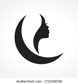 woman profile and crescent moon, vector