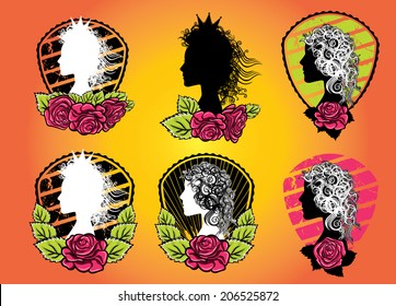 woman profile in decorative floral textured frame 