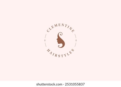 Woman profile flourish silhouette circle line art logo design template vector illustration. Female portrait minimalist linear logotype for coiffure hairdresser beauty stylist spa wellness cosmetology