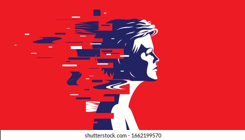 Woman profile with glitch dynamic particles in motion vector illustration, mindfulness philosophical and psychological theme, neural network, technology or psychology concept.