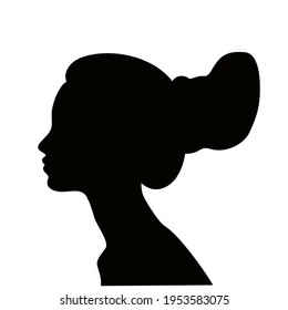 Woman Profile With Hair In A Bun, Black Silhouette. Girl With A Modern Hairstyle. Large Bun Of Hair.