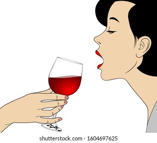 Woman in profile  and hand holding a glass with red wine. Retro stylized drawing. Vector illustration