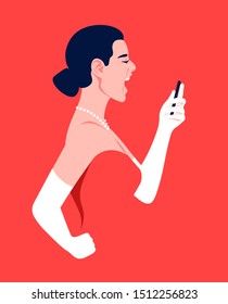 A woman in profile holds a smartphone in her hands and screams. Girl in evening dress on a red background. Hysterics, aggression and stress. Vector flat illustration