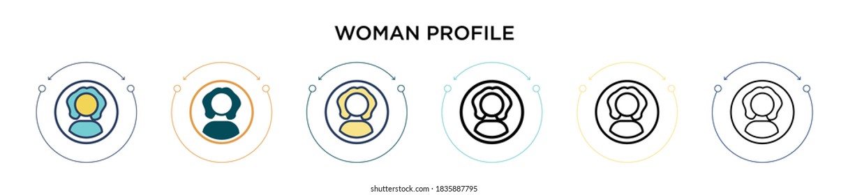 Woman profile icon in filled, thin line, outline and stroke style. Vector illustration of two colored and black woman profile vector icons designs can be used for mobile, ui, web