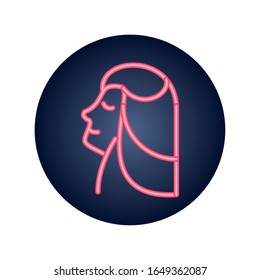 woman profile icon over white background, neon style icon, vector illustration