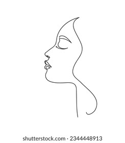 Perfil de mujer con pelo largo. Retrato del concepto de belleza femenina. Ilustración vectorial de dibujo de línea continua