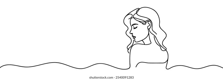 Woman profile with long hair. Portrait female beauty concept. Continuous line drawing vector illustration