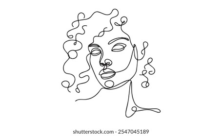 Woman profile with long hair. Portrait female beauty concept. Line drawing vector illustration