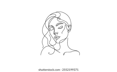 Woman profile with long hair. Portrait female beauty concept. Line drawing vector illustration