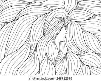 woman profile with long wave hair doodle