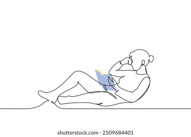 woman in profile lying with a book full length - one line art vector. concept reading, book lover. Handmade vector not AI