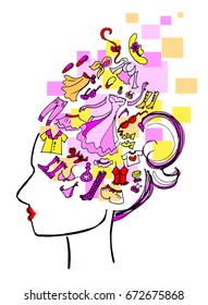 Woman profile with mind full of things to buy. Vector illustration about compulsory shopping.