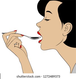 Woman in profile with open mouth holding a spoon in her hand. Linear color drawing. Vector illustration