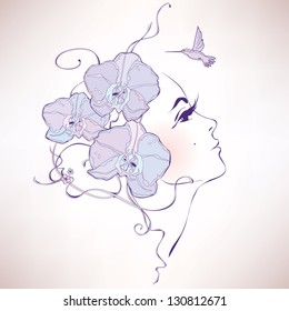 Woman Profile With Orchids