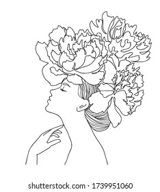 Woman profile with peony flowers in her hair. Portrait female beauty concept. Continuous line drawing vector illustration