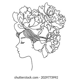 Woman profile with peony flowers in her hair. Portrait female beauty concept. Continuous line drawing  illustration