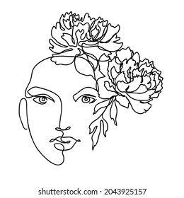 Woman profile with peony flowers in her hair. Portrait female beauty concept. Continuous line drawing vector illustration