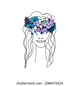 Woman profile with peony flowers in her hair. Portrait female beauty concept. Continuous line drawing vector illustration