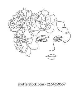 Woman profile with peony flowers in her hair. Portrait female beauty concept. Continuous line drawing vector illustration