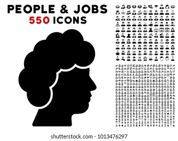 Woman Profile pictograph with 550 bonus pity and happy men pictograms. Vector illustration style is flat black iconic symbols.