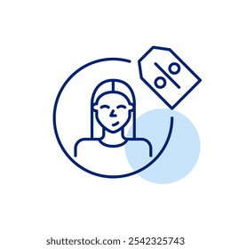 Woman profile picture with discount price tag. Special deals available to registered or loyal users. Account savings. Pixel perfect, editable stroke icon