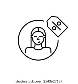 Woman profile picture with discount price tag. Special deals available to registered or loyal users. Account savings. Pixel perfect vector icon